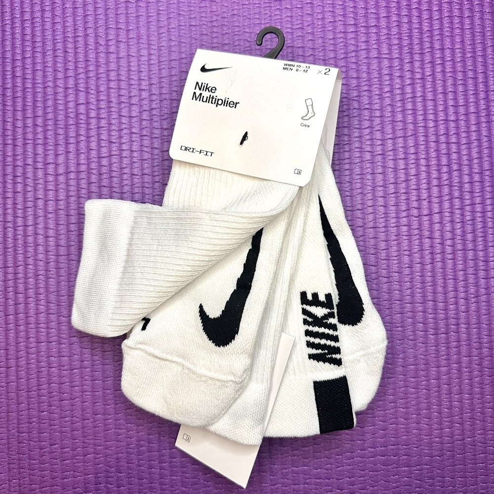 NEW 2 Pair Nike Multiplier Men's 8-12 L Crew Sock White DRI-FIT Athletic White